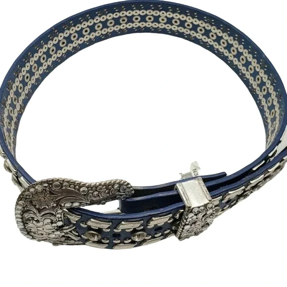 Nocona Blue Leather Belt 26 Crystal Studded Western Silver Floral Buckle Cowgirl
